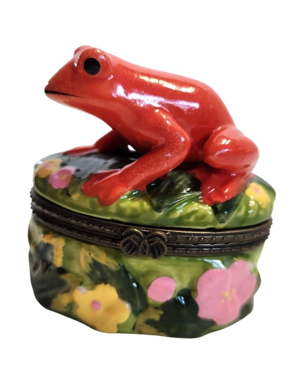 Hand-Painted Porcelain Frog Trinket Box With Mini Red Frog Figurine Inside